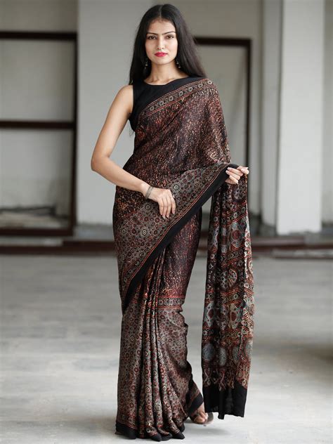 Ajrakh Hand Block Printed Modal Silk Saree At Indubindu