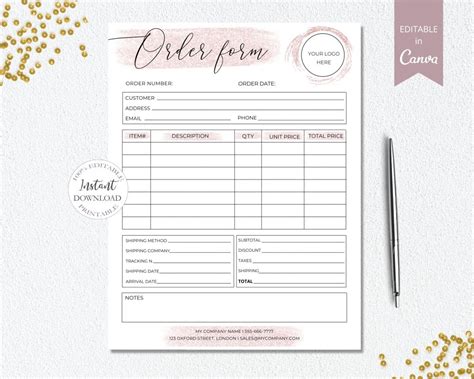 Sunrayart Designs Editable Order Form Small Business Forms