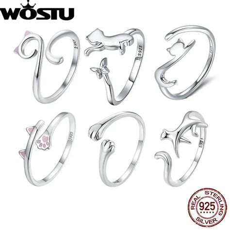 WOSTU Solid Pure 925 Sterling Silver Cute Cat Finger Ring For Women