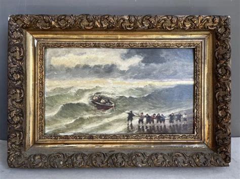 TABLEAU HUILE SUR Toile marine Agitée Tempête Ex Voto Vague Sauvetage