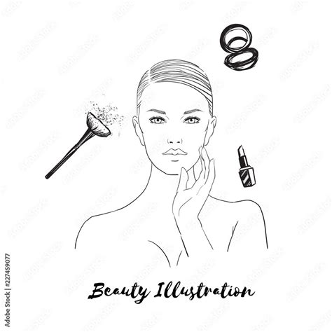 Beautiful Woman Face With Nude Make Up Hand Drawn Vector Illustration Stylish Original Graphics
