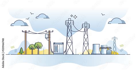 Power Grid With Electricity Distribution Wiring From Station Outline