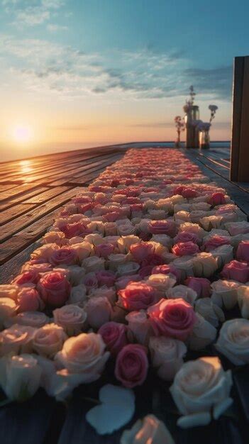 Premium Ai Image A Row Of Flowers On A Pier With The Sun Setting