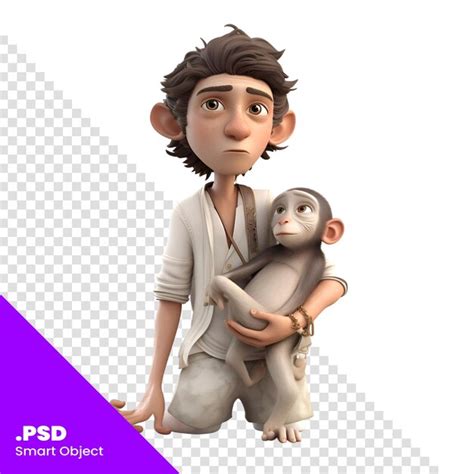 Renderiza O Digital D De Um Menino E Um Macaco Isolados Em Um Modelo