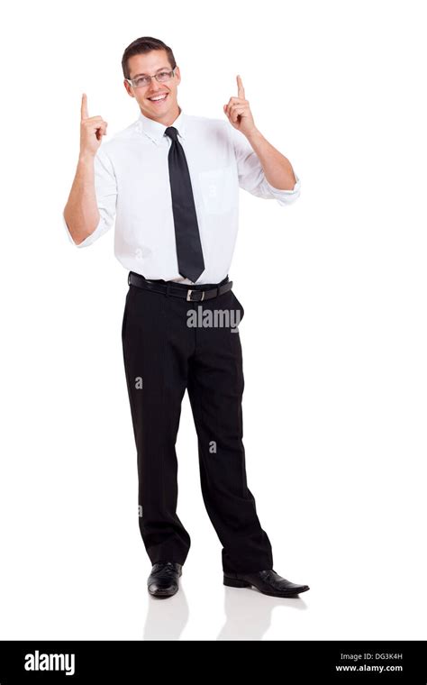 Happy Businessman Pointing Up Isolated On White Background Stock Photo