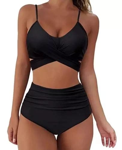 Traje De Ba O Bikini Tiro Alto Top Cruzado Negro Env O Gratis