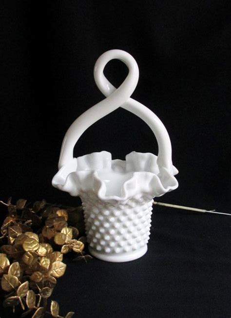 Vintage Fenton Looped Handle Basket White Hobnail Milk Glass Etsy