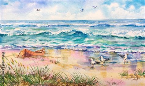 Watercolor Baltic Sea View Sandy Beach Blue Sky Seagulls Nature