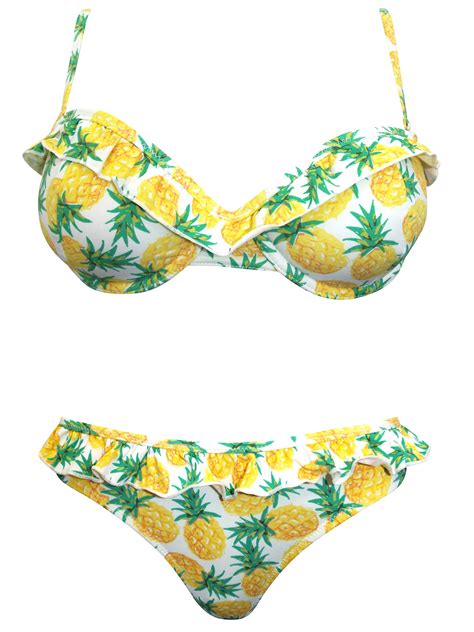 Accessorize Accessor Ze Yellow Tropical Pineapple Print Underwired Frill Bikini Set Size