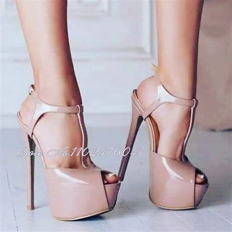 Women Nude Patent Leather Cm Sky High Heel Shoes Open Toe Platform T Strap Evening Shoes