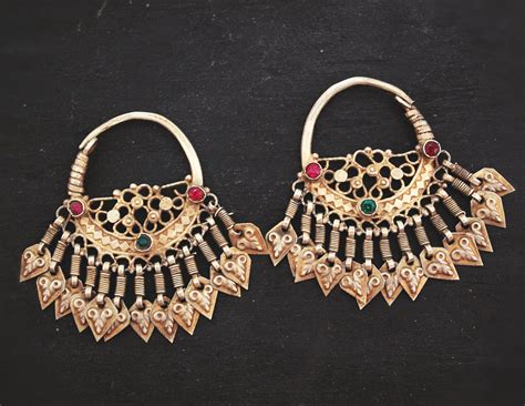 Antique Gilded Afghani Hoop Earrings With Tassels Cosmic Norbu