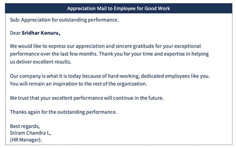 Appreciation Mails To Employees For Good Work Examples