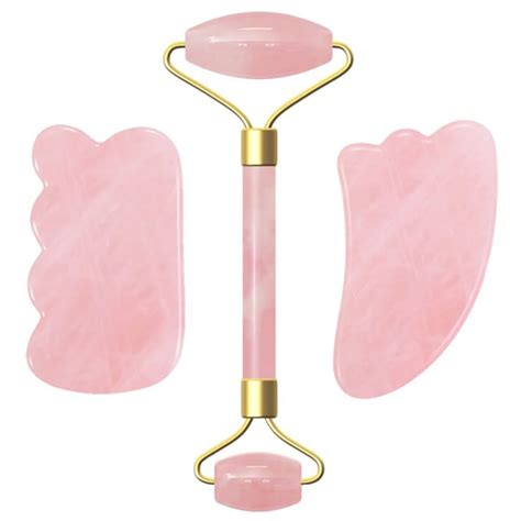 3pcs Set Natural Rose Quartz Gua Sha Roller Slimming Face Massager Lifting Tool Facial Massage