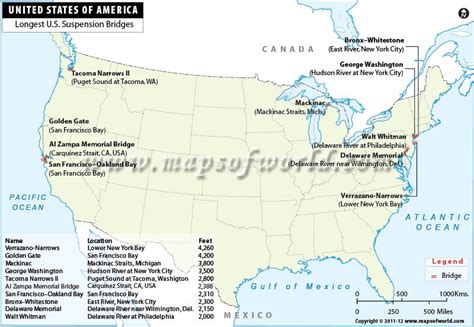 US Map- Longest Suspension Bridges in the USA