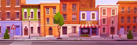 Cartoon city street with nice houses and cafe 20576326 Vector Art at Vecteezy