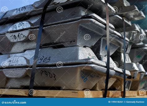 Aluminum Ingots Or Billets On A Wooden Pallet Stock Image Image Of