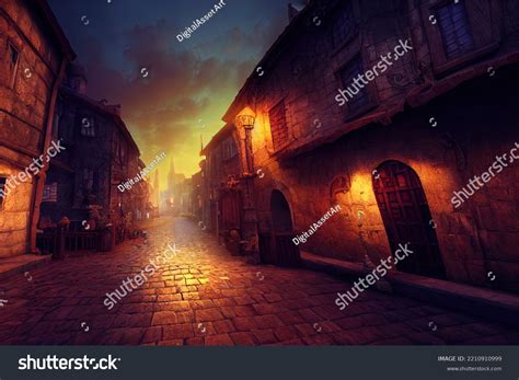 Digital Concept Art Medieval Town Night Stock Illustration 2210910999 ...