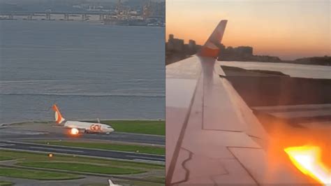 Turbina de avião pega fogo em decolagem no Santos Dumont no Rio vídeo