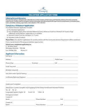 Fillable Online Winnipeg VOLUNTEER APPLICATION FORM Complete A