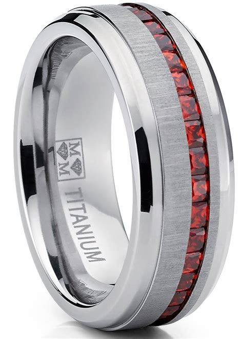 Mens Eternity Titanium Wedding Band Engagement Ring W Red Simulated Metal Masters Co