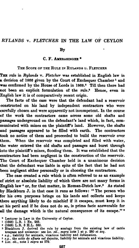 Rylands V Fletcher In The Law Of Ceylon International And Comparative