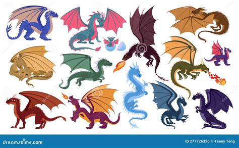 Fantasy Dragons. Cartoon Scary Fire Breathing Flying Reptiles, Fairy ...