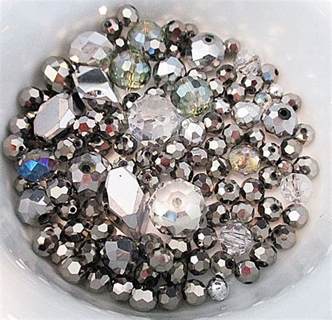 Silver Crystal Bead Bundle Assorted Sizes And Shapes Faceted Round