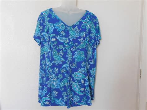 Roz Ali Woman Plus Size X Blue Paisley Floral Stretch Short Sleeve