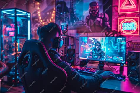 Premium Photo Cyberpunk Gaming Setup With Neon Lights And Futuristic