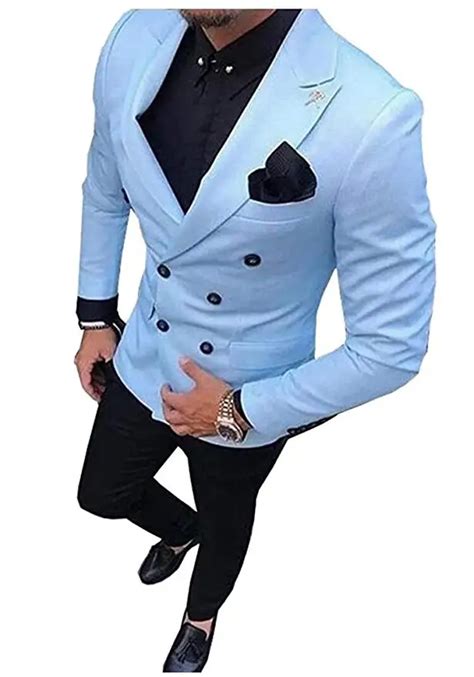 Double Breasted Groomsmen Baby Blue Groom Tuxedos Peak Lapel Men Suits