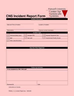 Fillable Online Cns Fas Harvard Fm R Incident Report Doc Cns