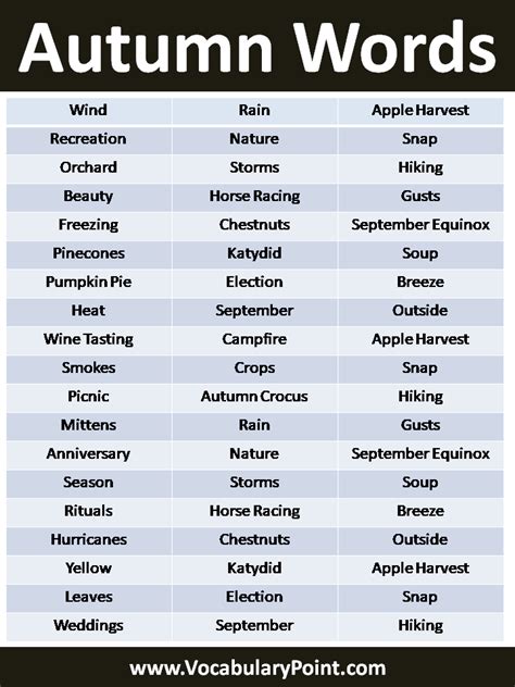 List Of Beautiful Autumn Words Vocabulary Point