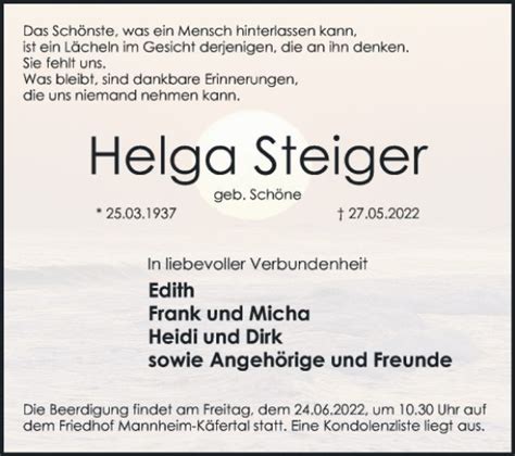 Traueranzeigen Von Helga Steiger Trauerportal Ihrer Tageszeitung