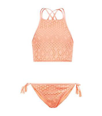 Teens Coral Neon Crochet High Neck Bikini New Look