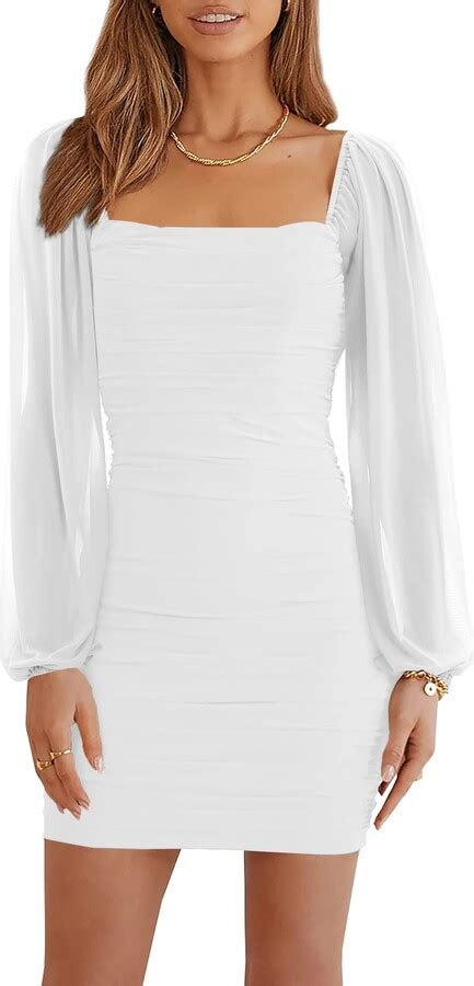 Wenrine Womens Mesh Long Sleeve Square Neck Ruched Party Club Cocktail