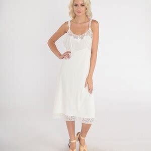 White Slip Dress 70s Lace Trim Lingerie Nightgown Midi Full Slip Empire Waist Adjustable