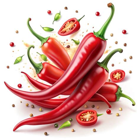 Red Fresh Chili Peppers Set Falling Pepper Slieces Natural Hot Spices Realistic Vector