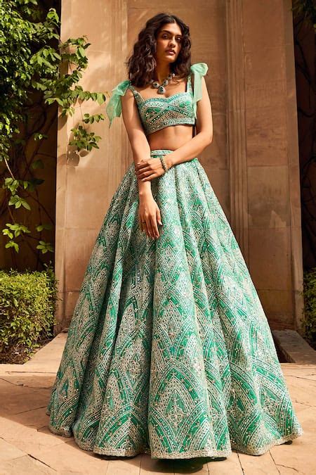 Buy Green Net Sweetheart Neck Sequin Embellished Lehenga Set For Women