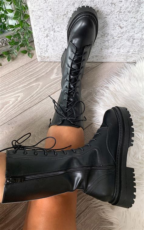 Abbie Lace Up Biker Boots In Black Pu Ikrush