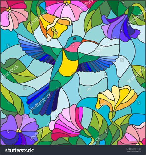 Illustration Stained Glass Style Colorful Hummingbird Vetor Stock