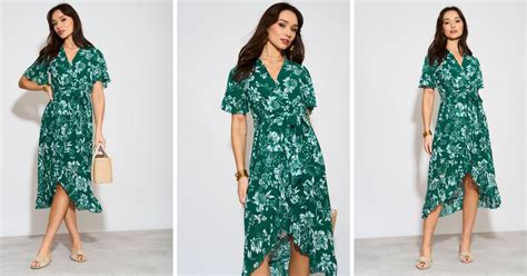 Floral Wrap Midi Dress With Frill Detail In Green Mela London