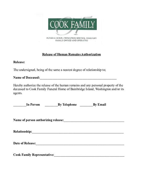 Fillable Online Authorization For Release And Embalming Fax Email Print