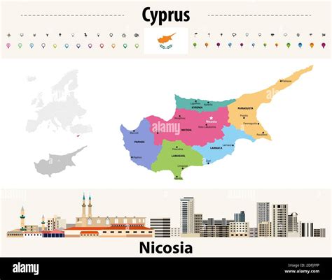 Cyprus Administrative Divisions Map With Main Cities Flag Of Cyprus