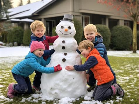 Premium AI Image | Kids building a snowman in winter day