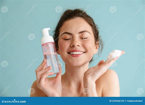 Half Naked Brunette Woman Smiling While Showing Cleaning Foam Stock Image Image Of Brunette