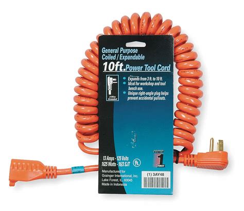 POWER FIRST Coiled Extension Cord, Indoor, 13.0 A, 125V AC, Number of ...