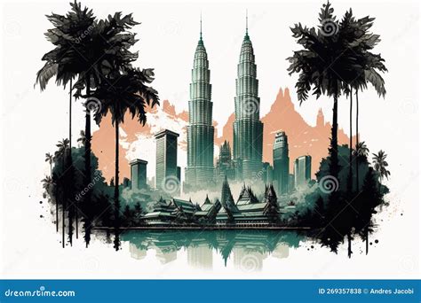 Banner Of Malaysia Famous Landmark Silhouette Colorful Style Plane And