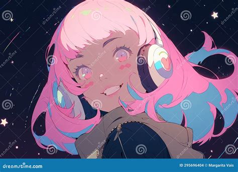 Portrait Of Happy Anime Girl With Pink Hair Listens To Music In Large Headphones Stock