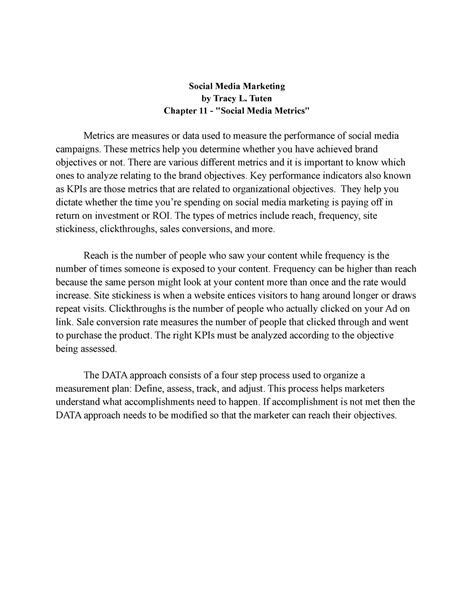 Chapter 11 - Social Media Metrics - Social Media Marketing by Tracy L. Tuten Chapter 11 - - Studocu