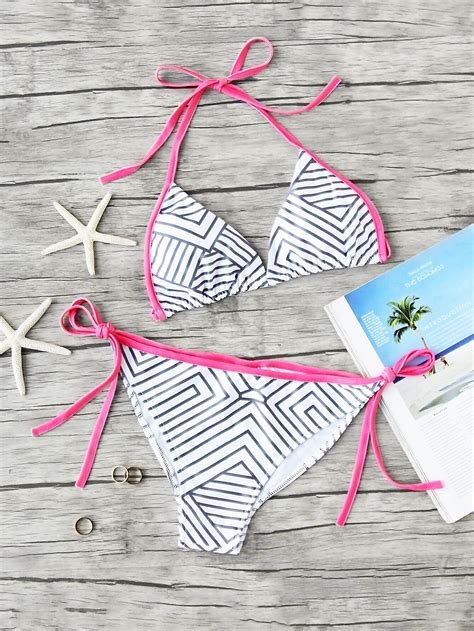 Geometric Stripe Print Side Tie Bikini Set SheIn Sheinside